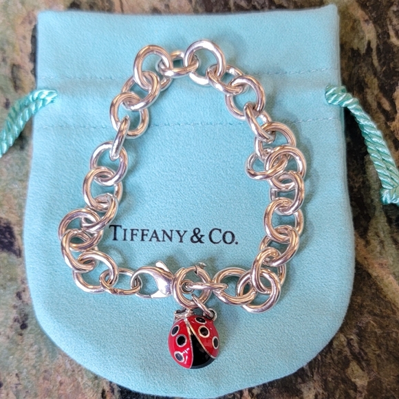 TIFFANY & CO STERLING SILVER ROUND LINK BRACELET LADY BUG CHARM LOBSTER CLAW 7" - Picture 8 of 8